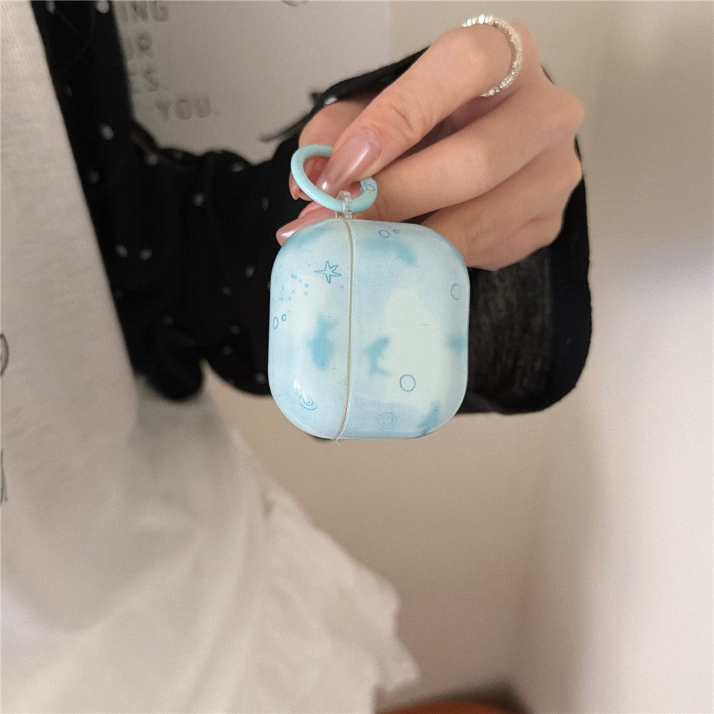 Compatible With  AirPods 4 IMD+TPU Case Blurred Blue Fish Pattern Protective Cover with Metal Buckle Carabiner