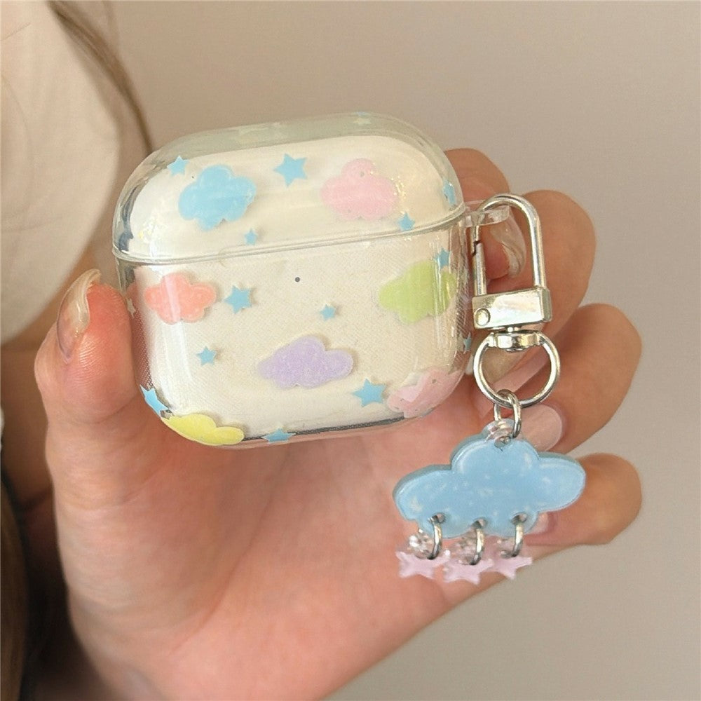 Clear Case Compatible With  AirPods 4 IMD+TPU Clouds Stars Pattern Shockproof Protective Cover with Keychain Charm & Buckle Clip