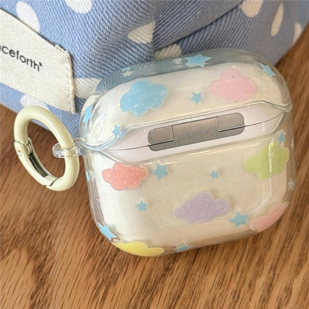 Clear Case Compatible With  AirPods 4 IMD+TPU Clouds Stars Pattern Shockproof Protective Cover with Keychain Charm & Buckle Clip