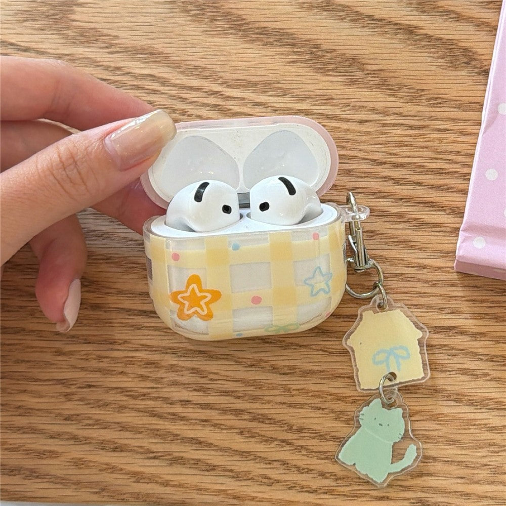 Compatible With  AirPods 5 / 4 Case Yellow Grid Stars Pattern TPU Protective Cover with Pendant Buckle