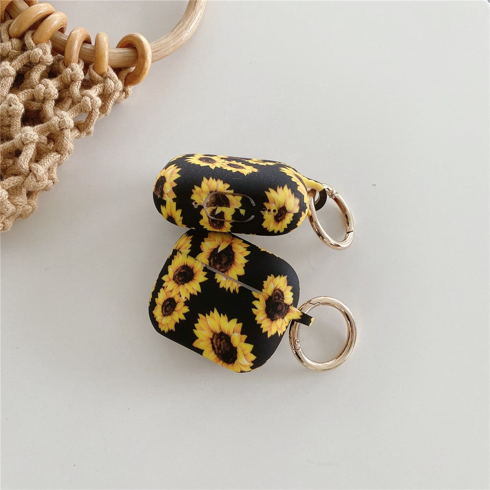Compatible With  AirPods 5 / 4 Silicone Case Daisy Sunflower Pattern Earphone Protective Cover with Metal Buckle - Black