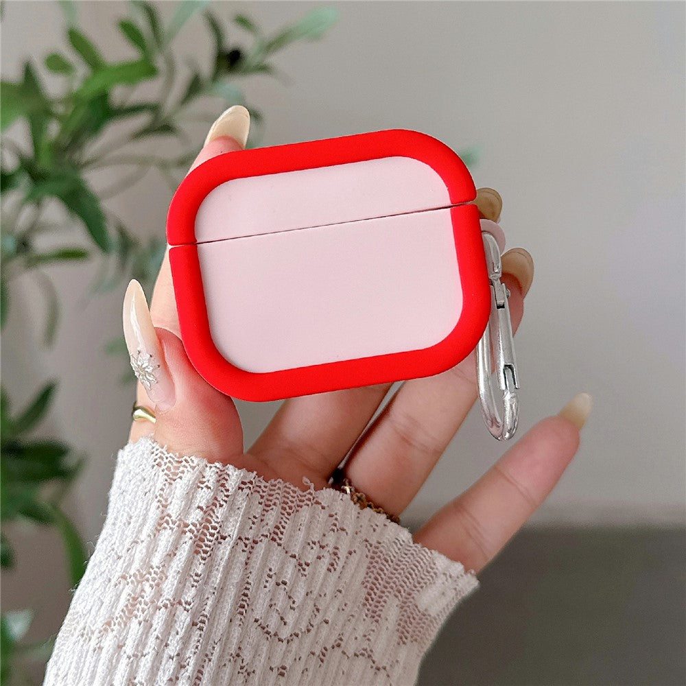 Silicone Case Compatible With  AirPods 5 / 4 Charging Case Macaron Color Blocking Protective Cover with Metal Carabiner - Pink+Red