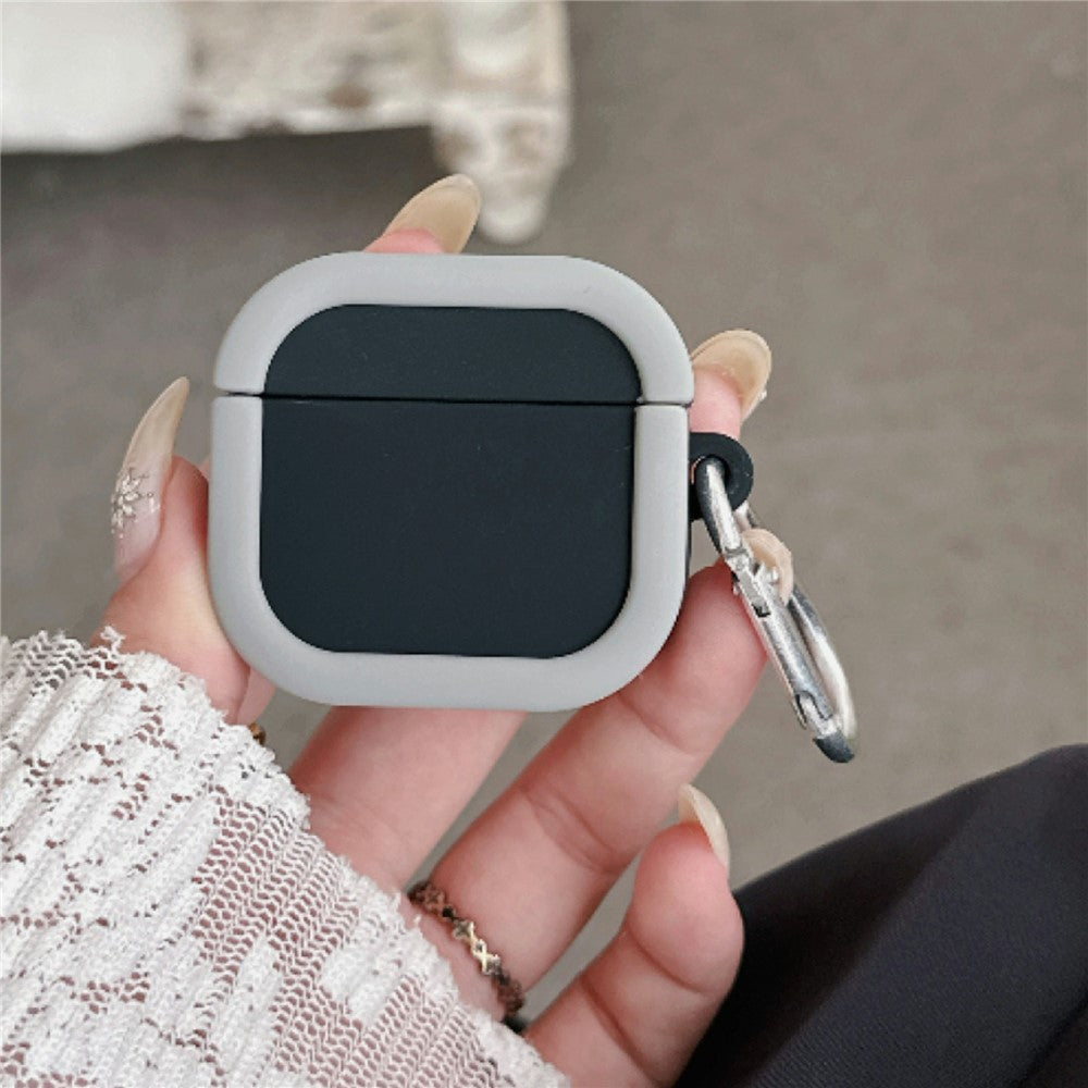 Silicone Case Compatible With  AirPods 5 / 4 Charging Case Macaron Color Blocking Protective Cover with Metal Carabiner - Black+Grey