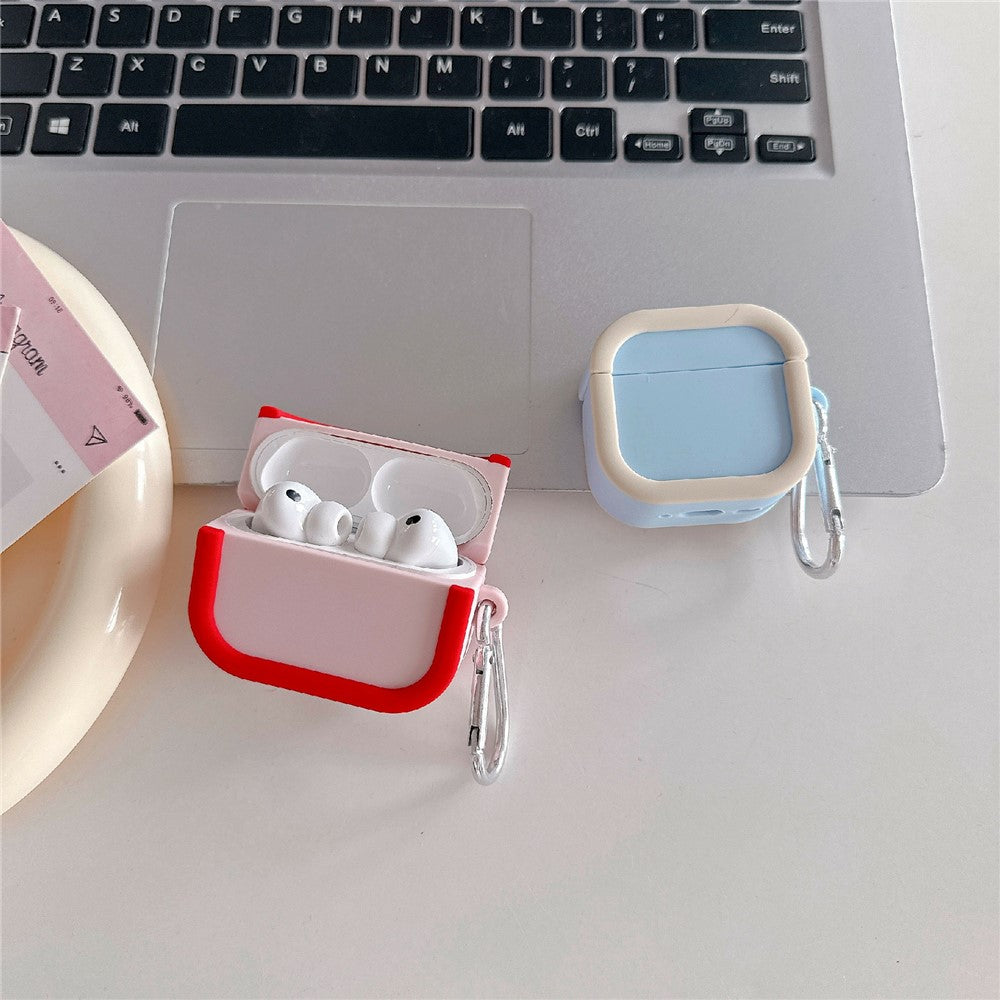 Silicone Case Compatible With  AirPods 5 / 4 Charging Case Macaron Color Blocking Protective Cover with Metal Carabiner - Black+Grey