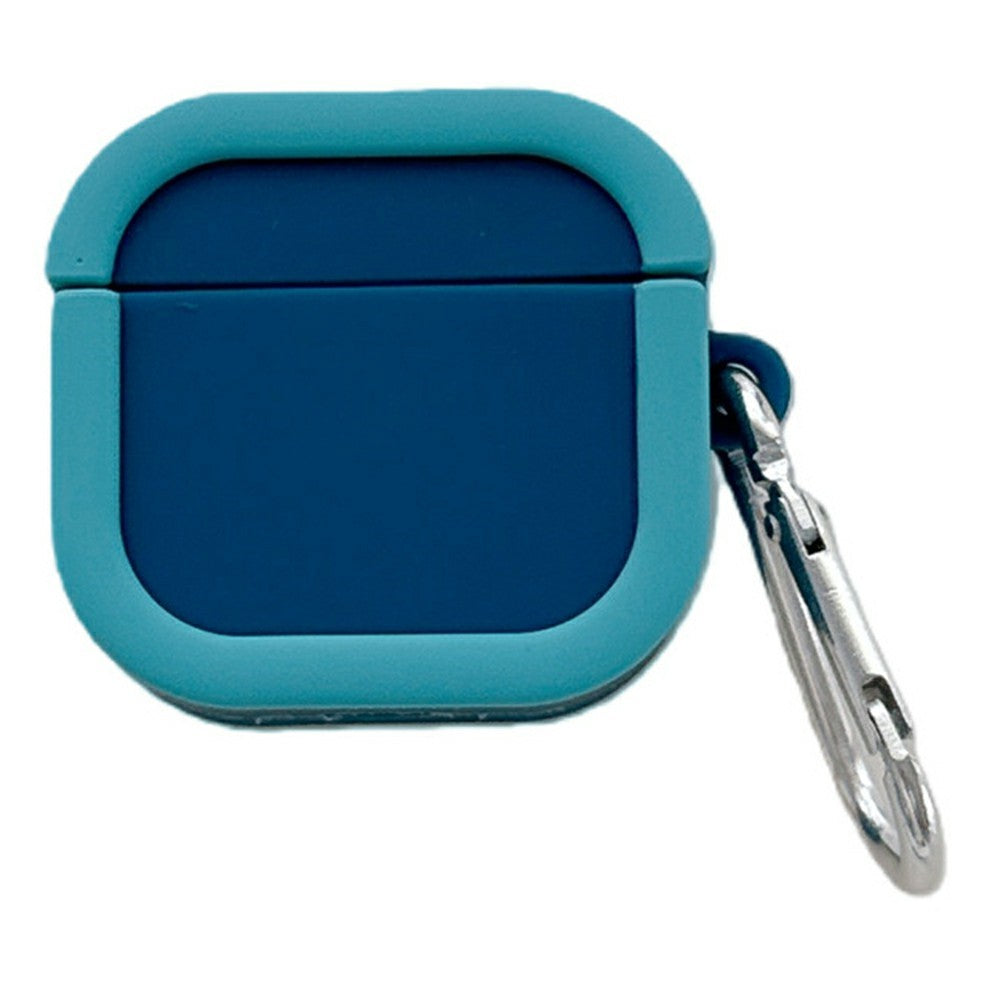 Silicone Case Compatible With  AirPods 5 / 4 Charging Case Macaron Color Blocking Protective Cover with Metal Carabiner - Blue+Cyan