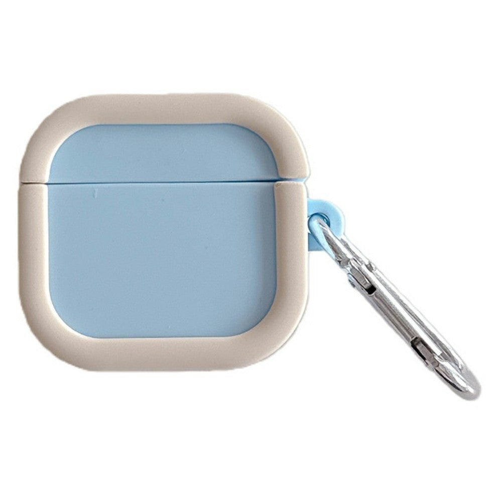 Silicone Case Compatible With  AirPods 5 / 4 Charging Case Macaron Color Blocking Protective Cover with Metal Carabiner - Sky Blue+Beige