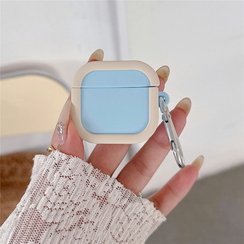 Silicone Case Compatible With  AirPods 5 / 4 Charging Case Macaron Color Blocking Protective Cover with Metal Carabiner - Sky Blue+Beige