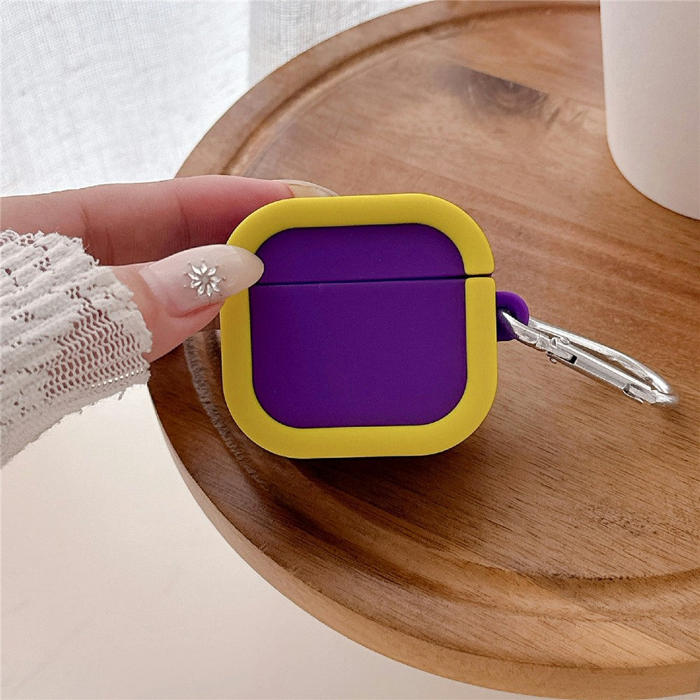Silicone Case Compatible With  AirPods 5 / 4 Charging Case Macaron Color Blocking Protective Cover with Metal Carabiner - Purple+Yellow