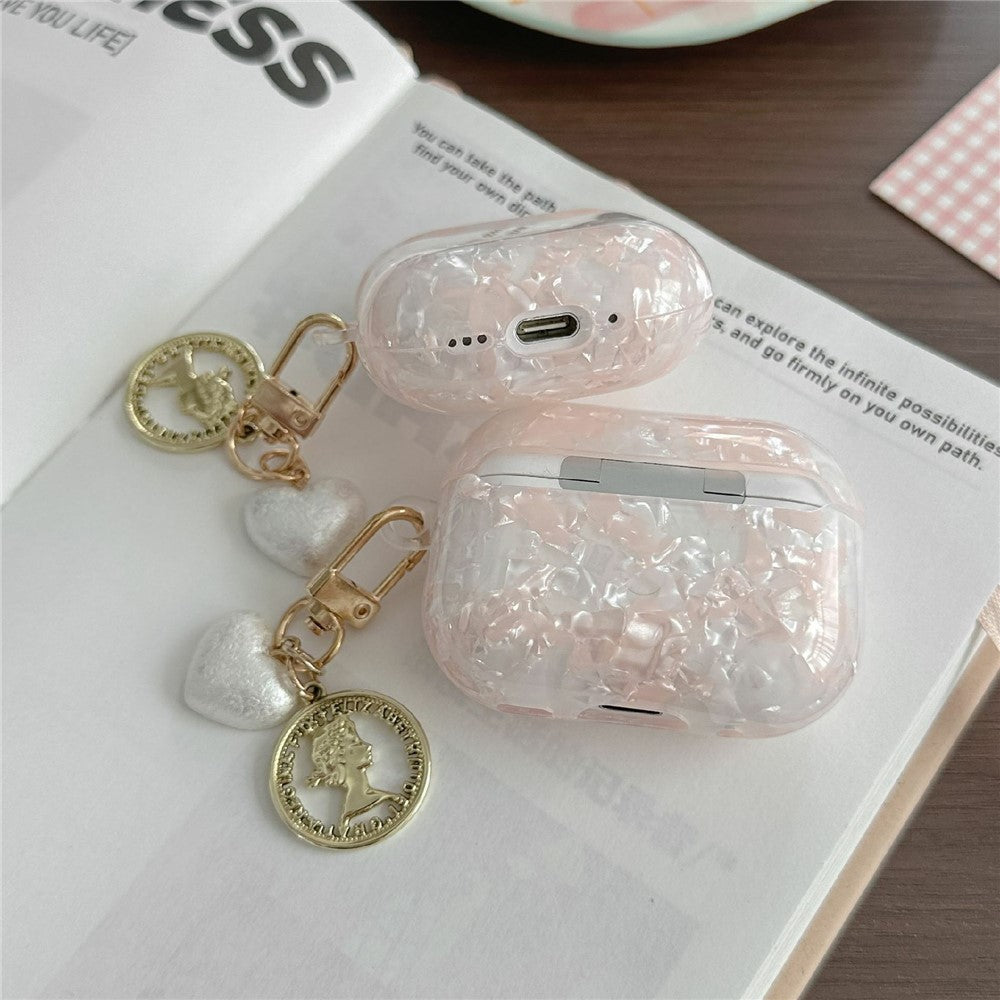 Compatible With  AirPods 5 / 4 Protective Case Pearlescent Shell Texture TPU Earphone Cover with Heart Pendant Charm