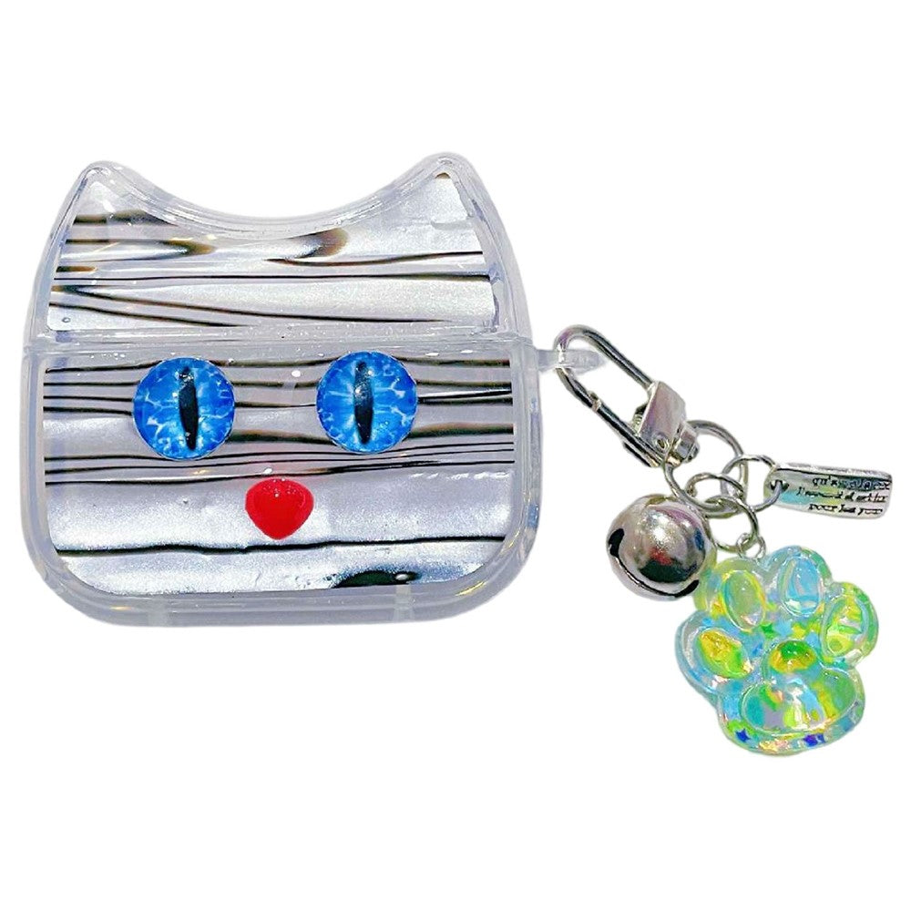 Compatible With  AirPods 5 / 4 Protective Case Blue Eye Cat Soft TPU Earphone Cover with Pendant - White