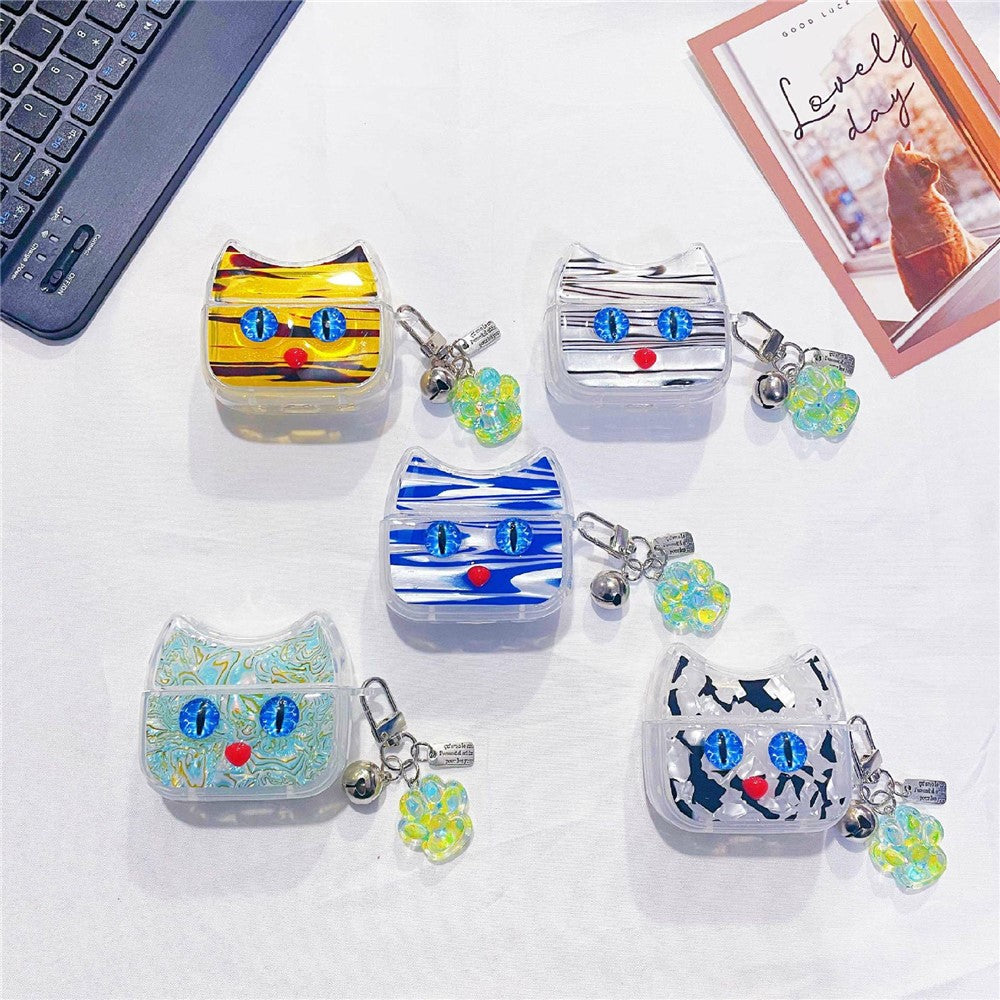 Compatible With  AirPods 5 / 4 Protective Case Blue Eye Cat Soft TPU Earphone Cover with Pendant - White