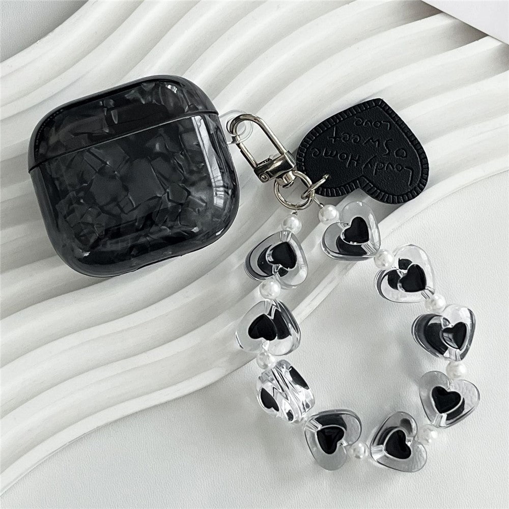 Compatible With  AirPods 5 / 4 Protective Case Black Shell Texture TPU Earphone Cover with Heart Beaded Wrist Strap Chain