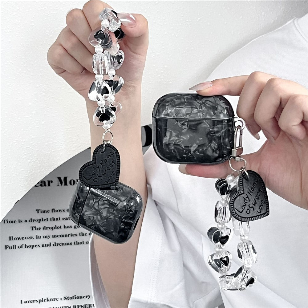 Compatible With  AirPods 5 / 4 Protective Case Black Shell Texture TPU Earphone Cover with Heart Beaded Wrist Strap Chain