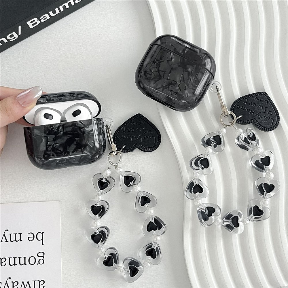 Compatible With  AirPods 5 / 4 Protective Case Black Shell Texture TPU Earphone Cover with Heart Beaded Wrist Strap Chain