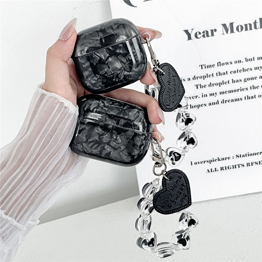 Compatible With  AirPods 5 / 4 Protective Case Black Shell Texture TPU Earphone Cover with Heart Beaded Wrist Strap Chain