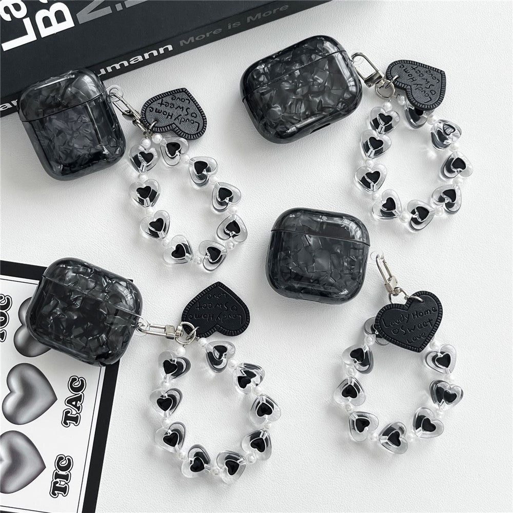 Compatible With  AirPods 5 / 4 Protective Case Black Shell Texture TPU Earphone Cover with Heart Beaded Wrist Strap Chain