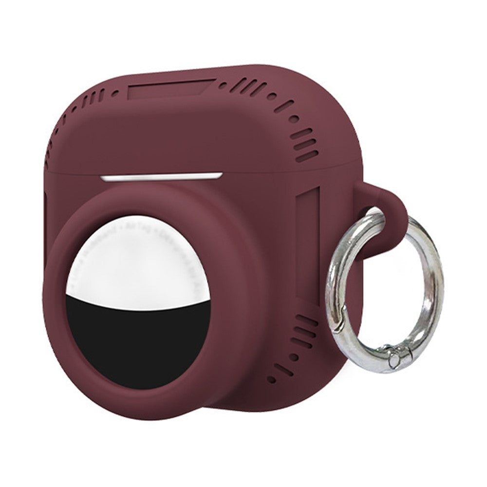 2 in 1 Silicone Case Compatible With  AirPods 5 / 4 / AirTag Anti-Drop Protective Cover with Anti-Loss Carabiner - Wine Red