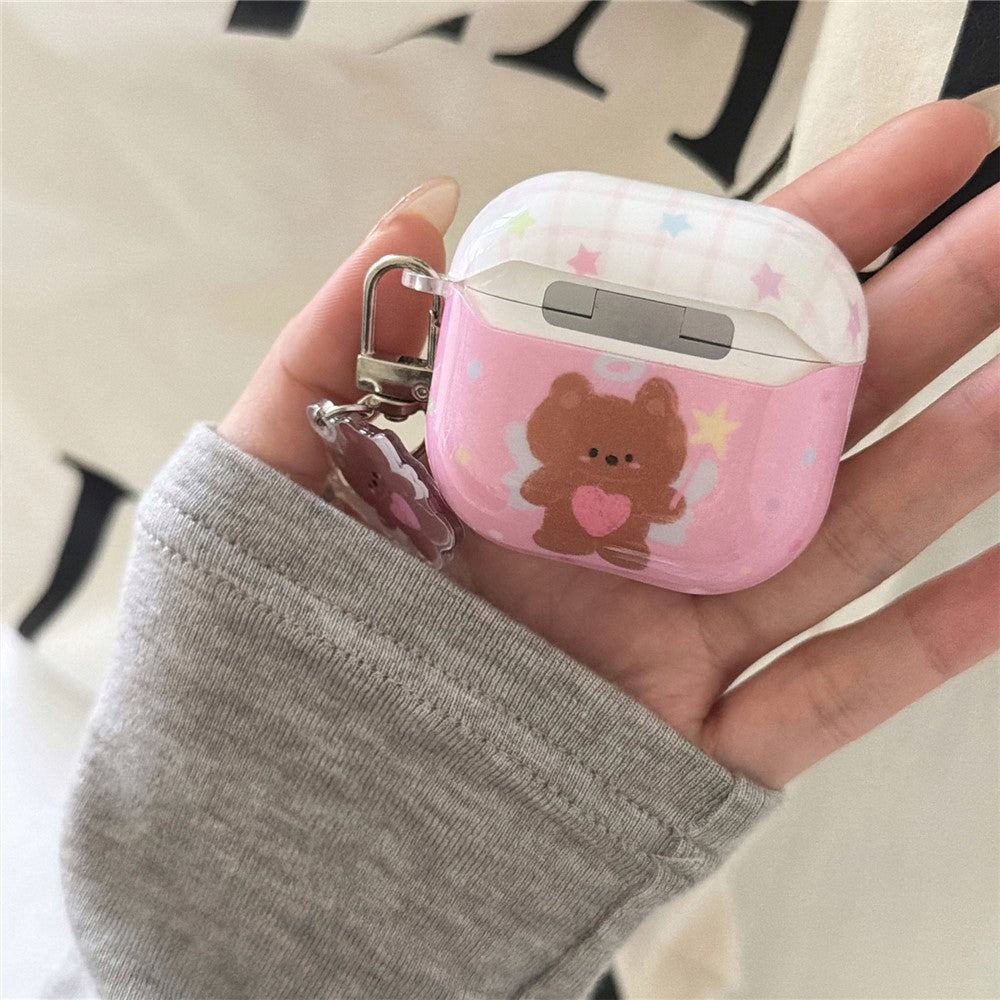 Compatible With  AirPods 5 / 4 Protective Case Brown Bear Cartoon Pattern TPU Earphone Cover with Buckle Keychain + Pendant