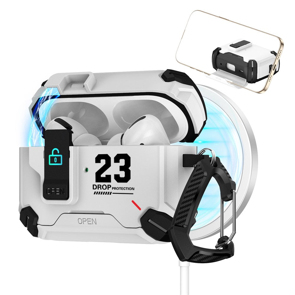Compatible With  AirPods 5 / 4 Magnetic Earphone Case Phone Stand Numerical Design TPU + PC Shockproof Cover with Carabiner - All White 01