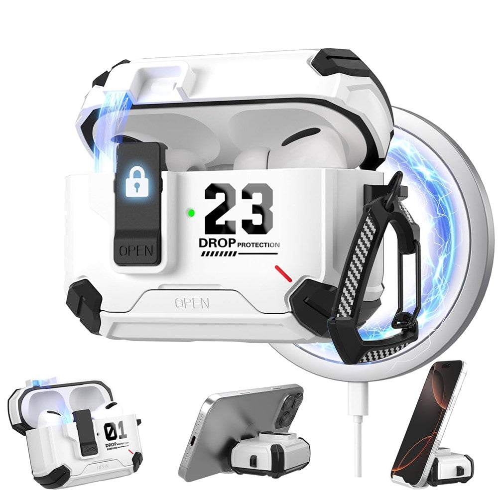 Compatible With  AirPods 5 / 4 Magnetic Earphone Case Phone Stand Numerical Design TPU + PC Shockproof Cover with Carabiner - Grey 01