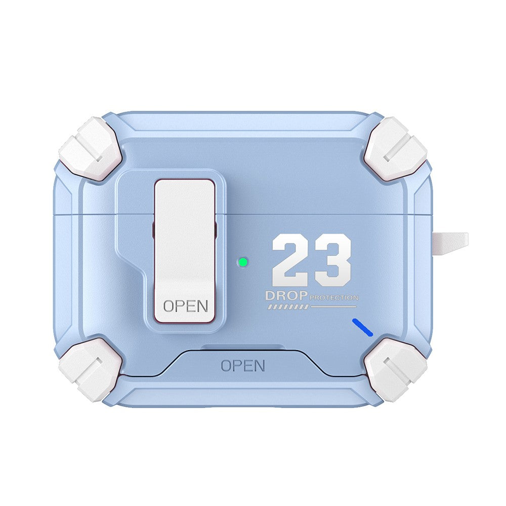 Compatible With  AirPods 5 / 4 Magnetic Earphone Case Phone Stand Numerical Design TPU + PC Shockproof Cover with Carabiner - White + Baby Blue 23