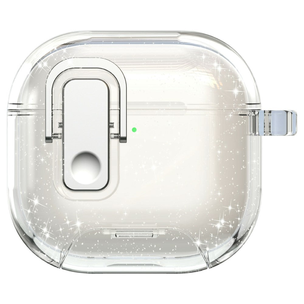 Compatible With  AirPods 5  /  4 Case Locking Button Phone Stand TPU + PC Shockproof Earphones Cover with Carabiner - Glitter Transparent White