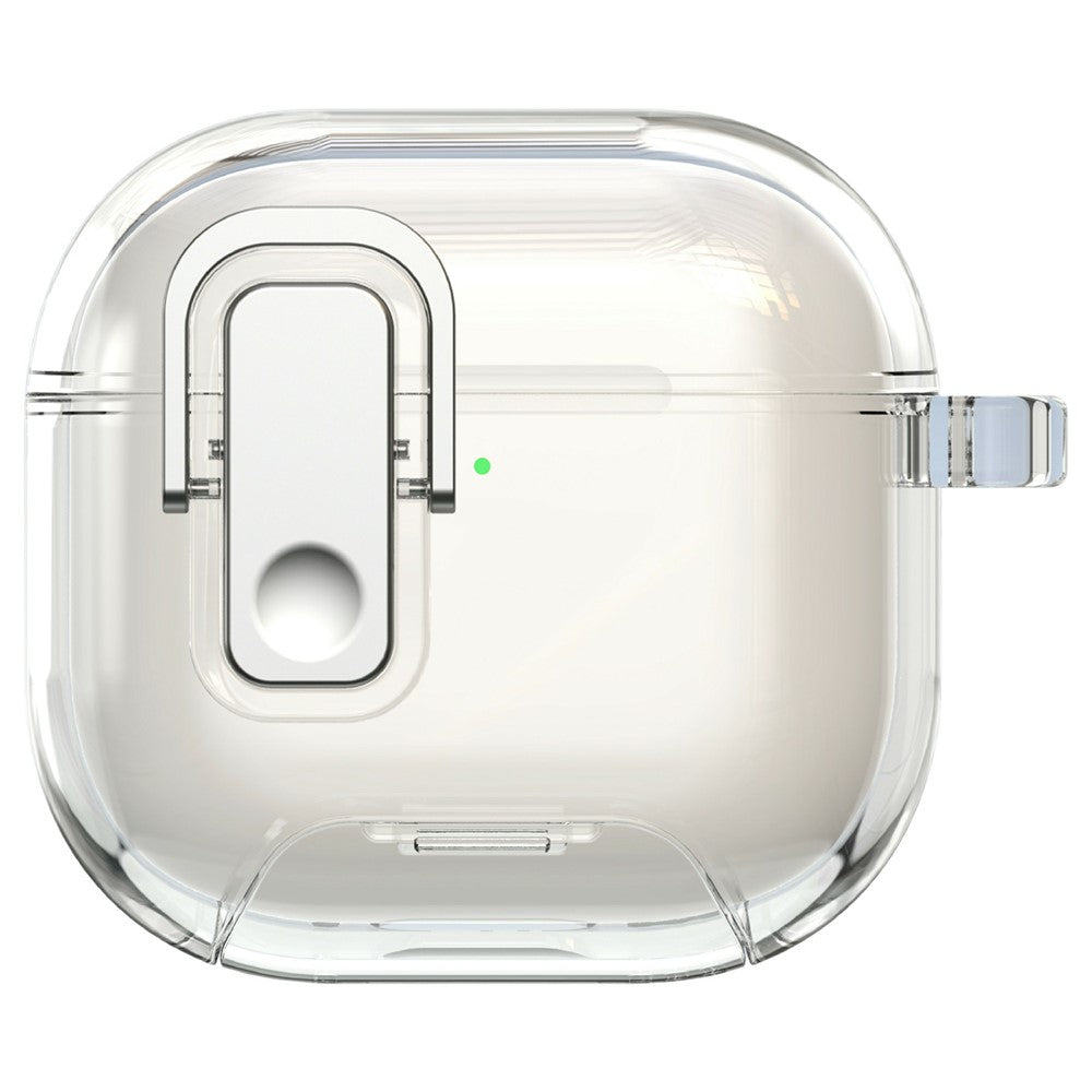 Compatible With  AirPods 5  /  4 Case Locking Button Phone Stand TPU + PC Shockproof Earphones Cover with Carabiner - Transparent White