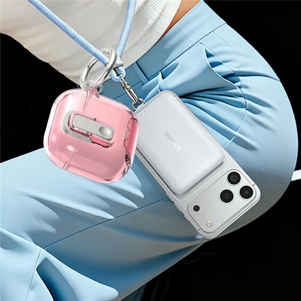 Compatible With  AirPods 5  /  4 Case Locking Button Phone Stand TPU + PC Shockproof Earphones Cover with Carabiner - Transparent White