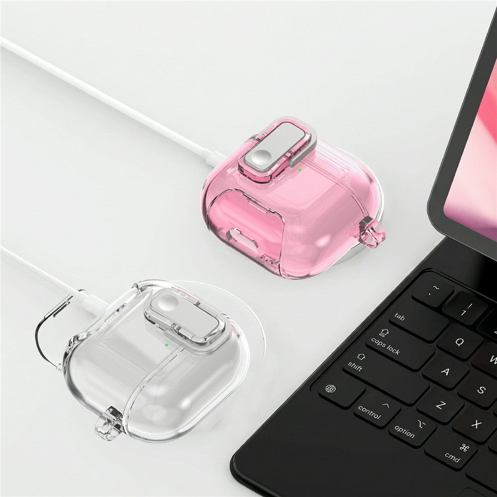 Compatible With  AirPods 5  /  4 Case Locking Button Phone Stand TPU + PC Shockproof Earphones Cover with Carabiner - Transparent Black