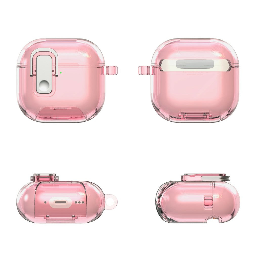 Compatible With  AirPods 5  /  4 Case Locking Button Phone Stand TPU + PC Shockproof Earphones Cover with Carabiner - Cherry Red