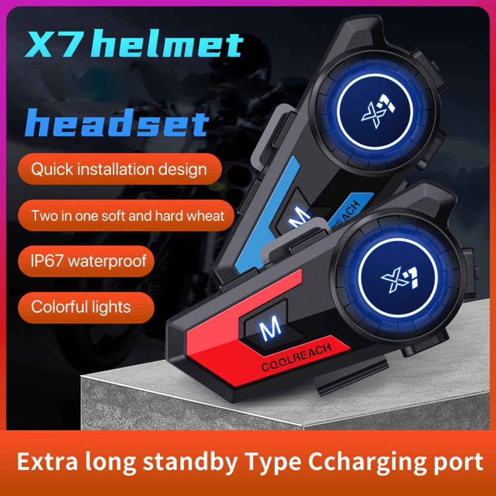 COOLREACH X7 Motorcycle Helmet Bluetooth-compatible Headset Waterproof Wireless Earpiece with 2 in 1 Soft and Hard Mic - Blue