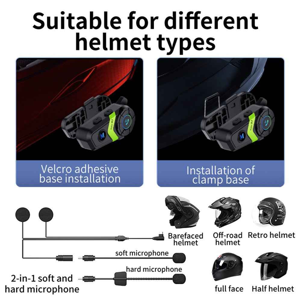 S3 Motorcycle Helmet Bluetooth-compatible Headset Waterproof Wireless Earphones with 2 in 1 Soft and Hard Mic - Green