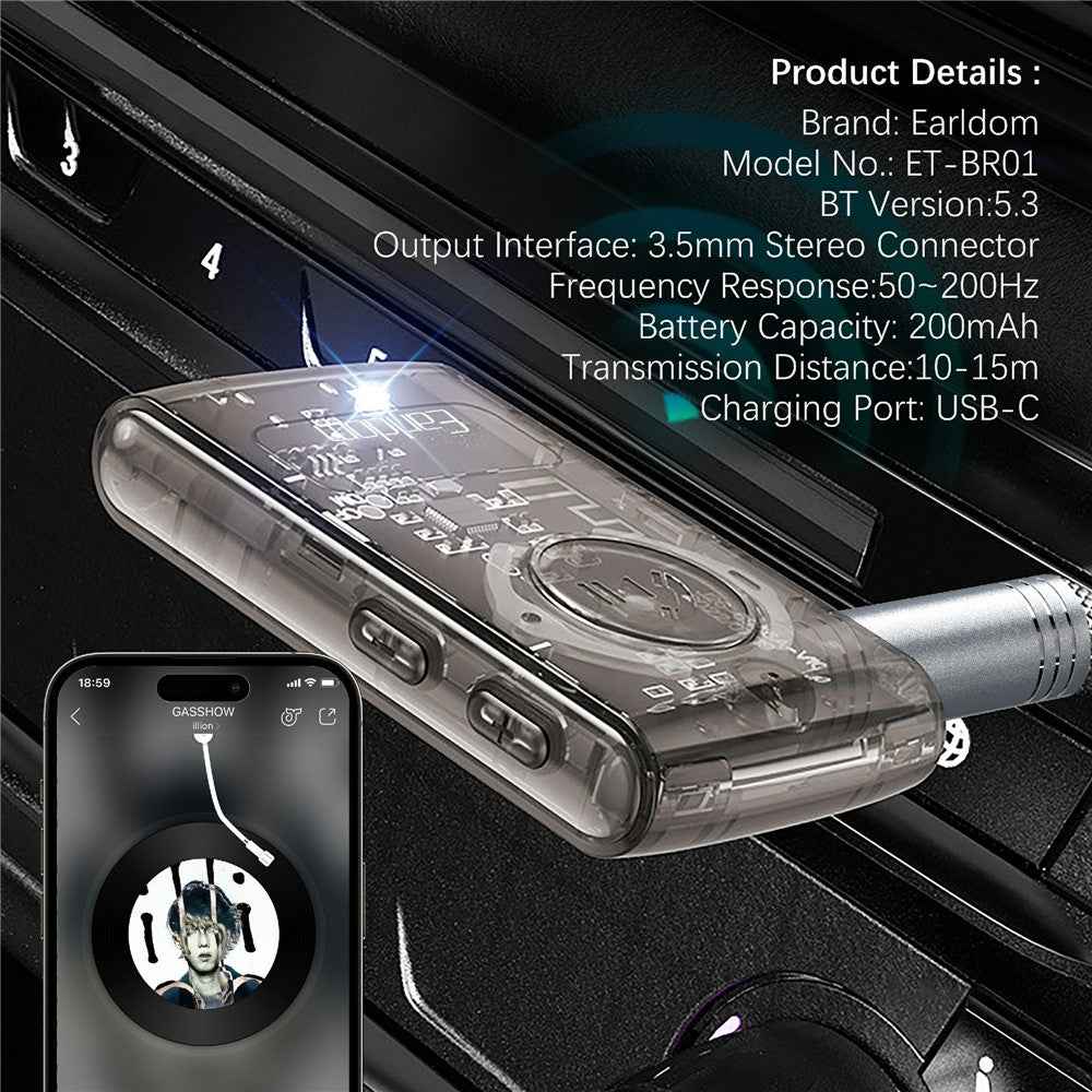 EARLDOM ET-BR01 Transparent Bluetooth-compatible 5.3 Audio Receiver Car Hand-Free Call 3.5mm AUX Adapter