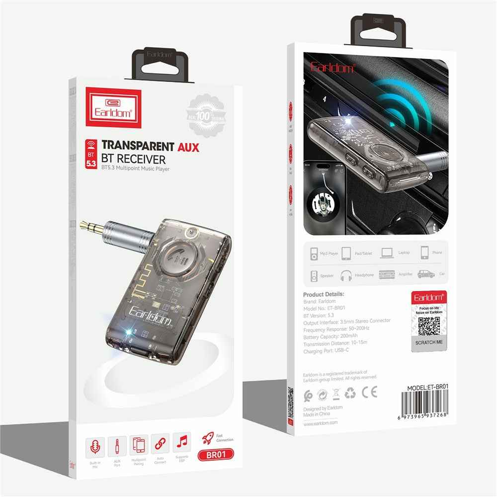 EARLDOM ET-BR01 Transparent Bluetooth-compatible 5.3 Audio Receiver Car Hand-Free Call 3.5mm AUX Adapter