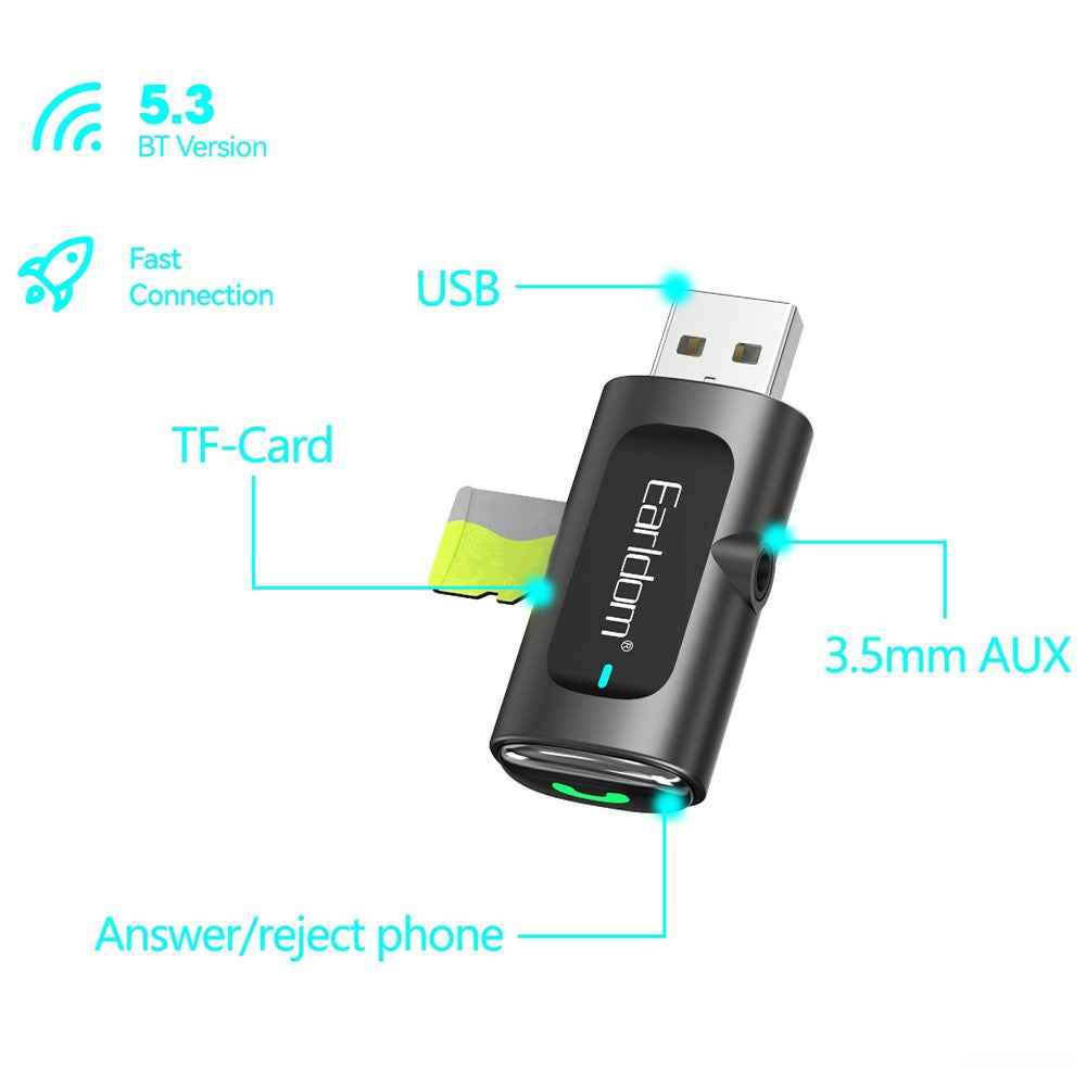 EARLDOM ET-BR06 Car Bluetooth-compatible 5.3 Receiver Audio Adapter with TF Card, AUX Port