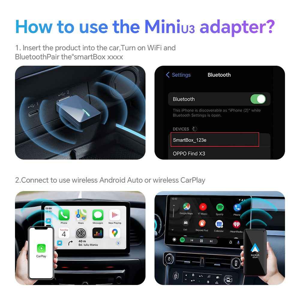 Mini U3 Plug and Play USB Car Wired to Wireless Carplay Adapter Dongle