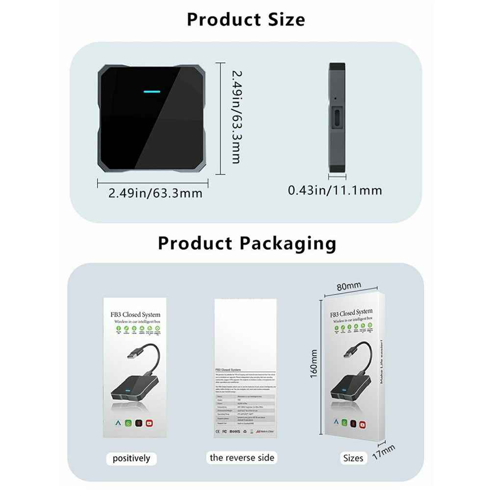 FB3 Wireless Car Play Adapter Box for Wired Car Systems Bluetooth-compatible 5.0 WiFi 5.8G Quad-Core A53 Processor