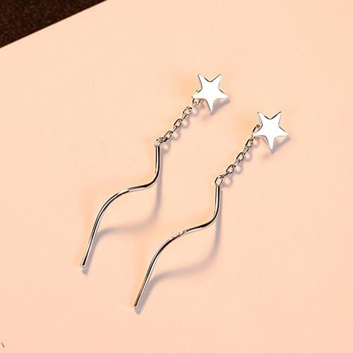 Women Pentagram Star Earrings 925 Sterling Silver Star Stud Dangle Chain Earrings (White)