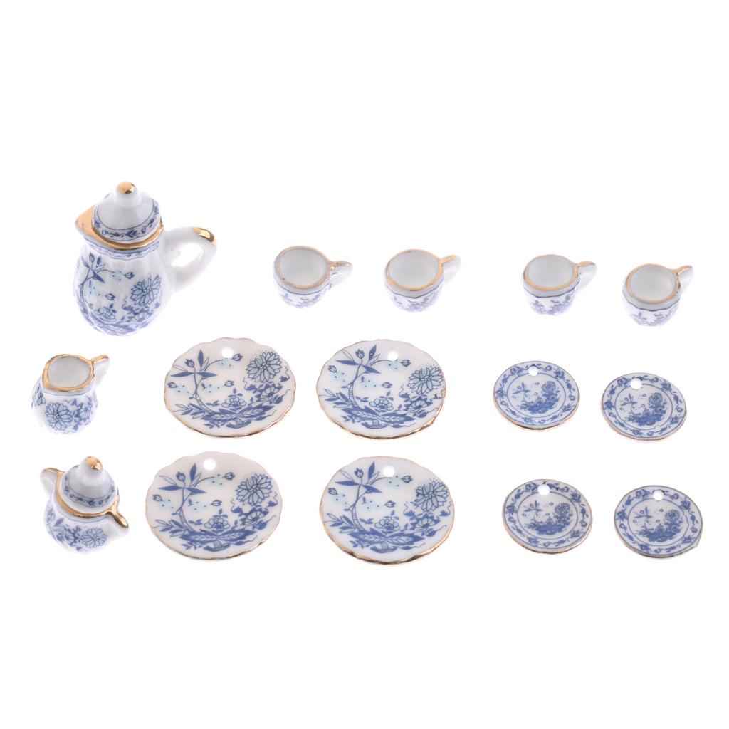 1/12 Dollhouse Miniature Tableware Tea Coffee Wine Cup Set 15 Pieces Kit Blue Flower Patterns
