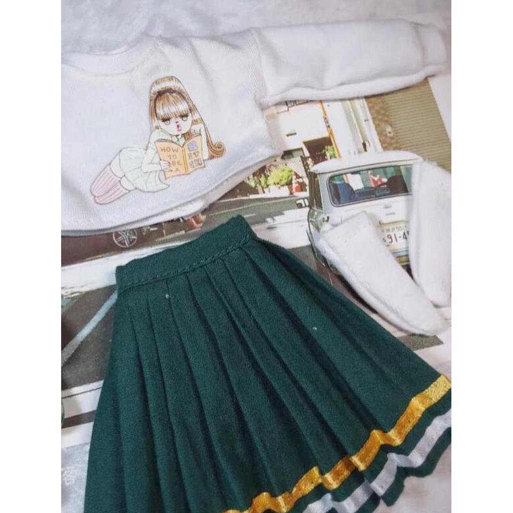 Classic Pleated Skirt Dress for 12inch Blythe Doll Party Casual Outfit green
