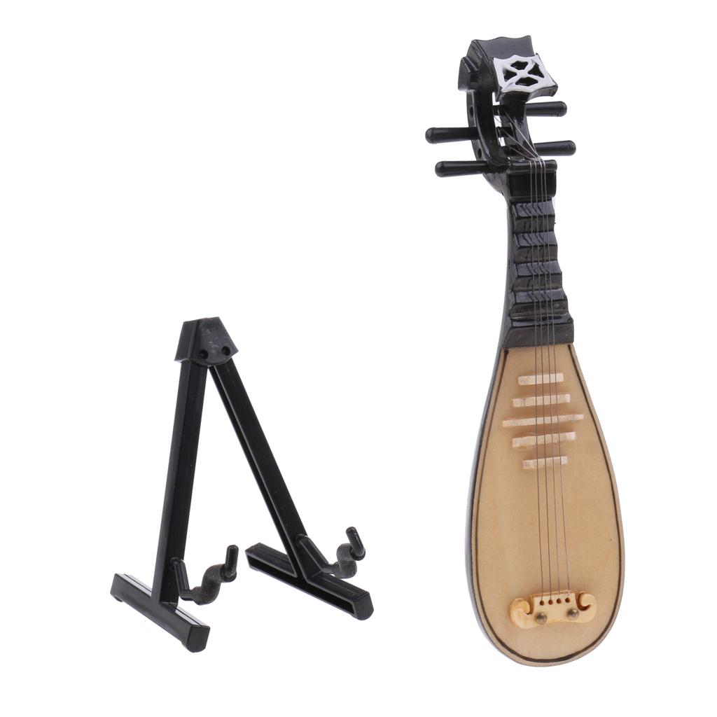 1/12 Dollhouse Miniature Musical Instrument Wooden Pipa Model with Stand