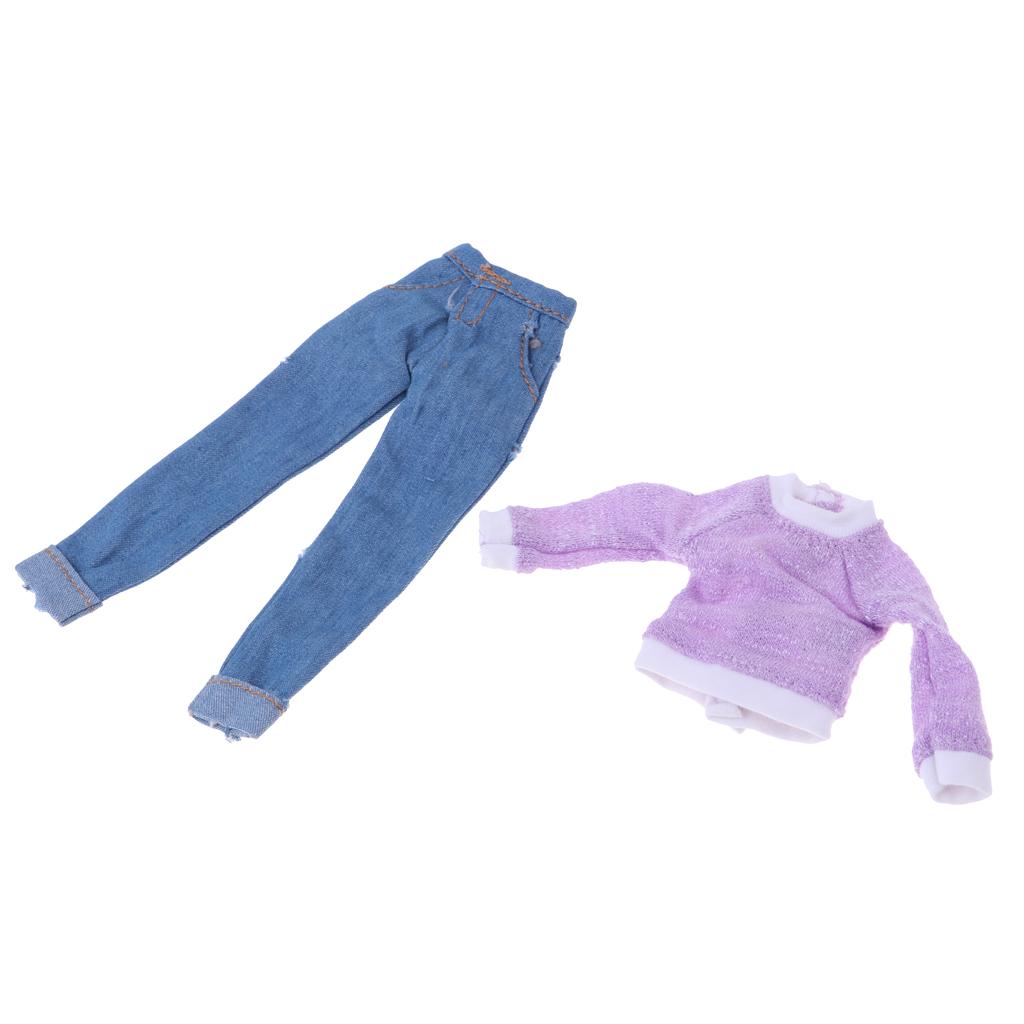 1/6 Long Sleeve Tee Denim Jeans Suit Clothes for Blythe Azone Licca Doll