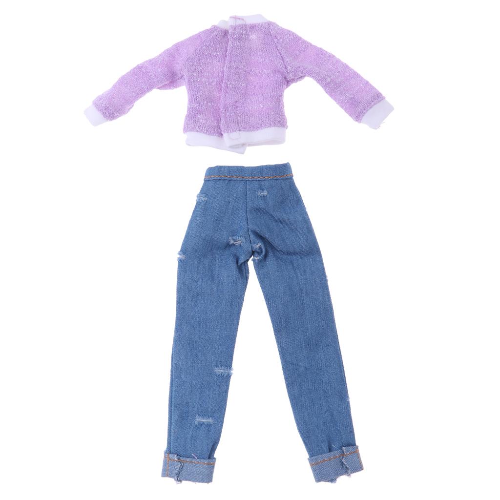 1/6 Long Sleeve Tee Denim Jeans Suit Clothes for Blythe Azone Licca Doll