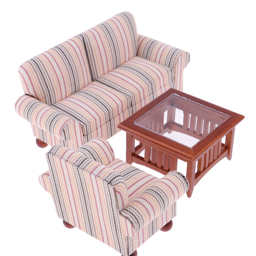 1/12 Dollhouse Miniatures Living Room Furniture Sofa Table Set Pink Striped