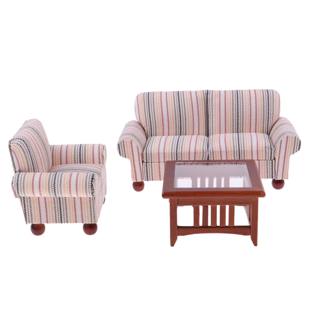 1/12 Dollhouse Miniatures Living Room Furniture Sofa Table Set Pink Striped
