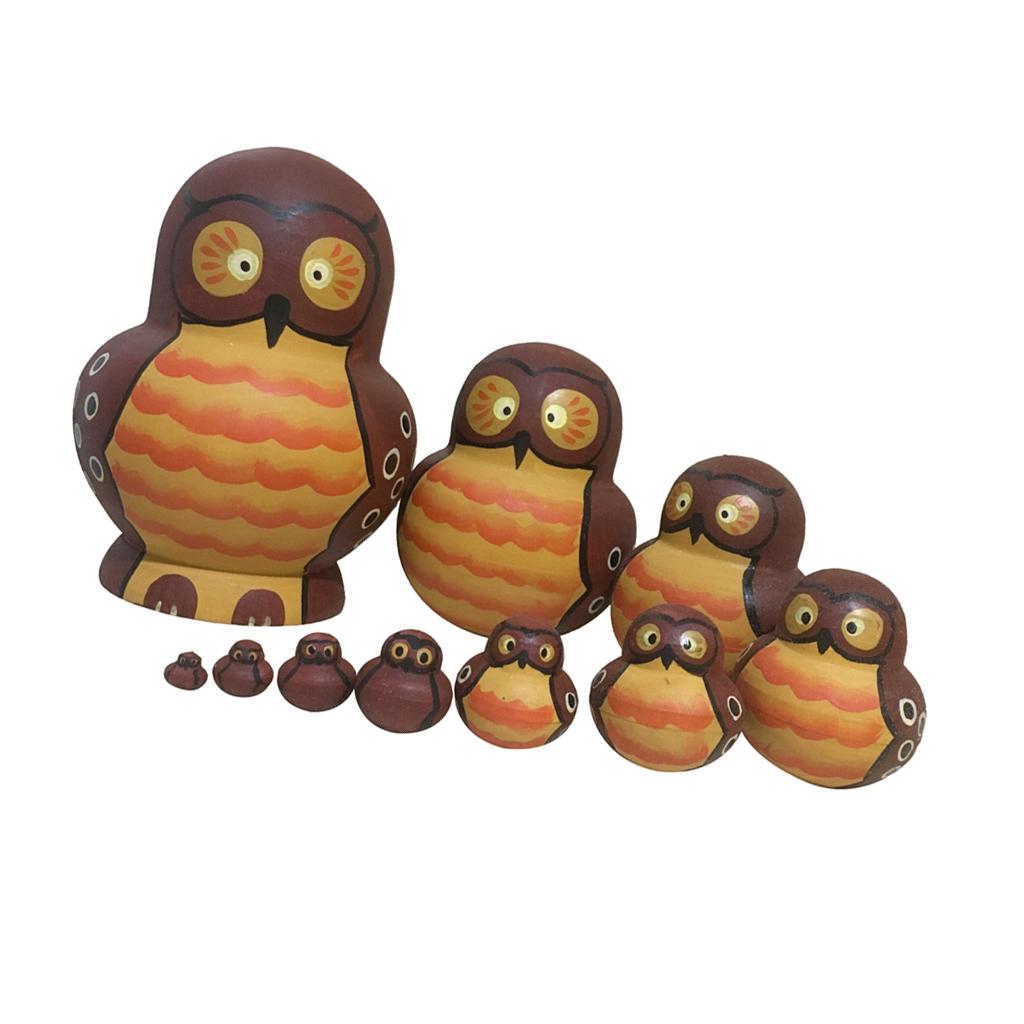 10 PCS Cute Cartoon Owl Pattern Handmade Wooden Russian Nesting Dolls