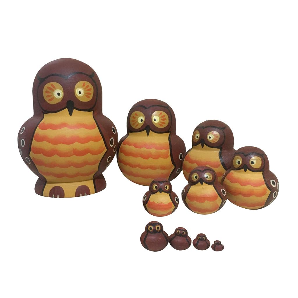 10 PCS Cute Cartoon Owl Pattern Handmade Wooden Russian Nesting Dolls