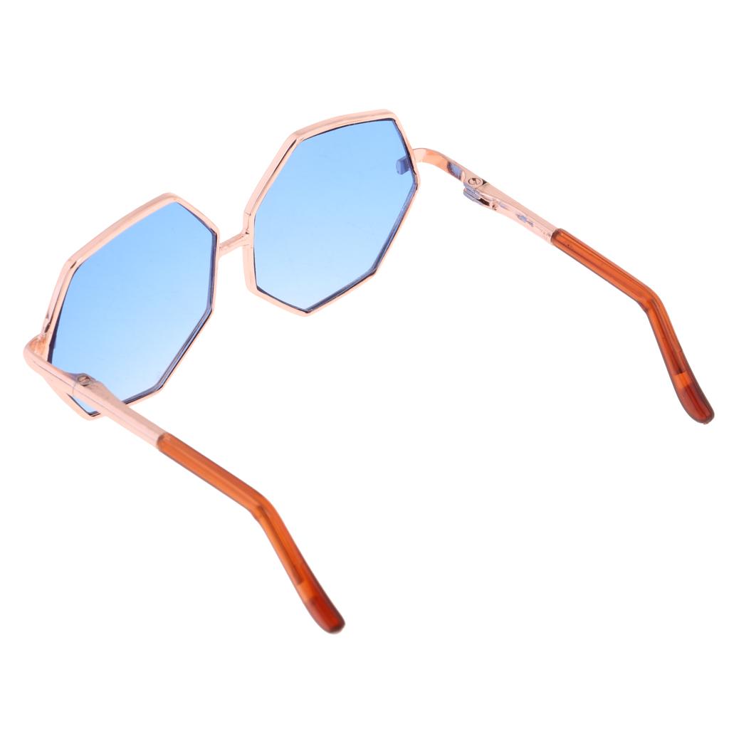 Golden Frame Hexagon Glasses Sunglasses for 1/6 Blythe Dolls Blue Shades