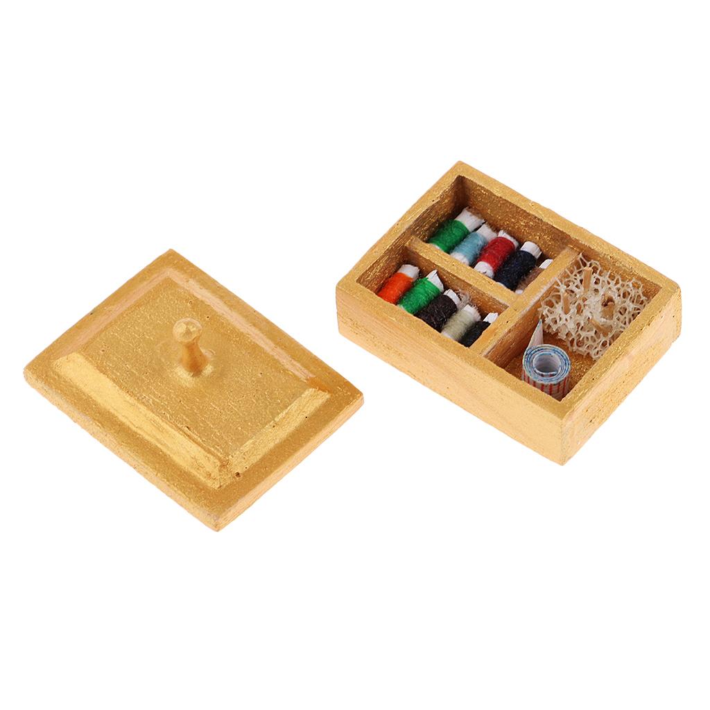 1/12 Sewing Box Set Knitting Threaded Spool Wooden Miniature Dollhouse Decor