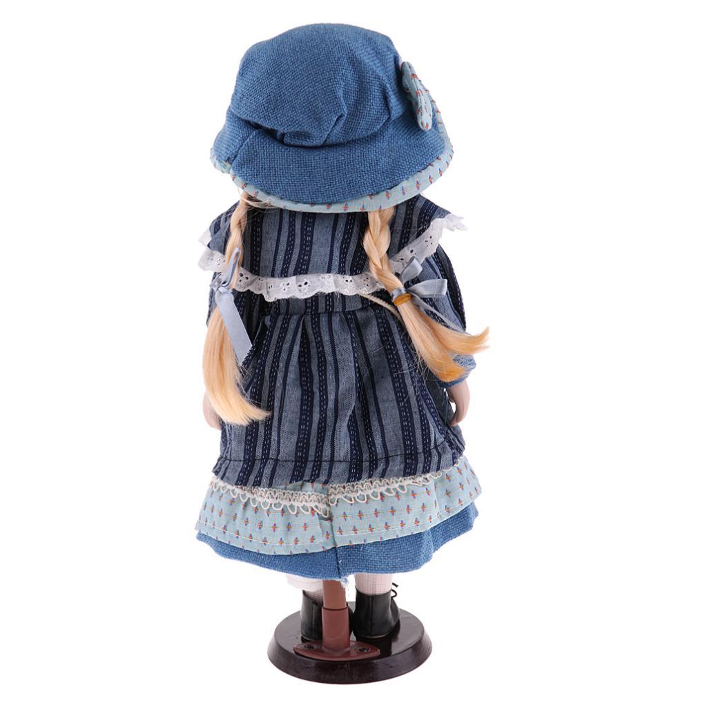40cm Excellent Workmanship Vintage Porcelain Dolls With Display Stand Blue